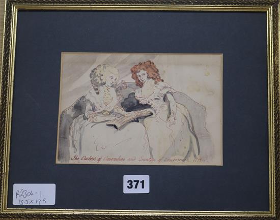 Ink and wash study, The Duchess of Devonshire and Countess of Bressborough, dated 1799, 13 x 19cm